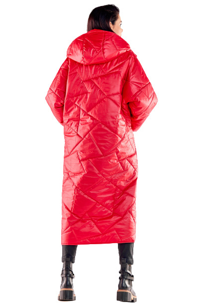 Płaszcz damski długi pikowany z kapturem zapinany na napy czerwony